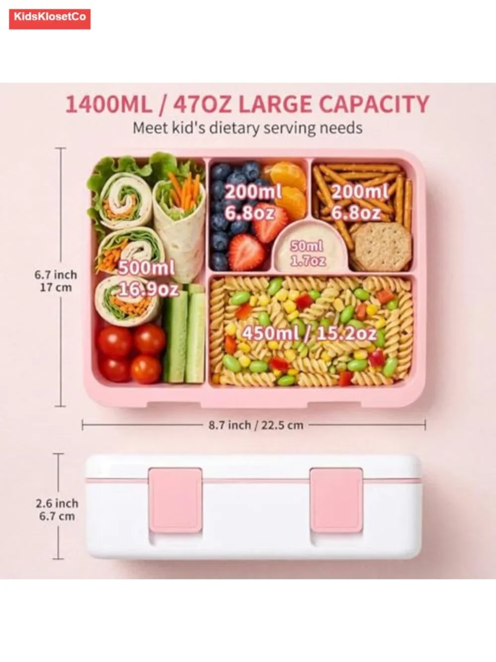 Kids Bento Box with Utensils 5.5 Cup 5 Compartments BPA-Free Leak Proof